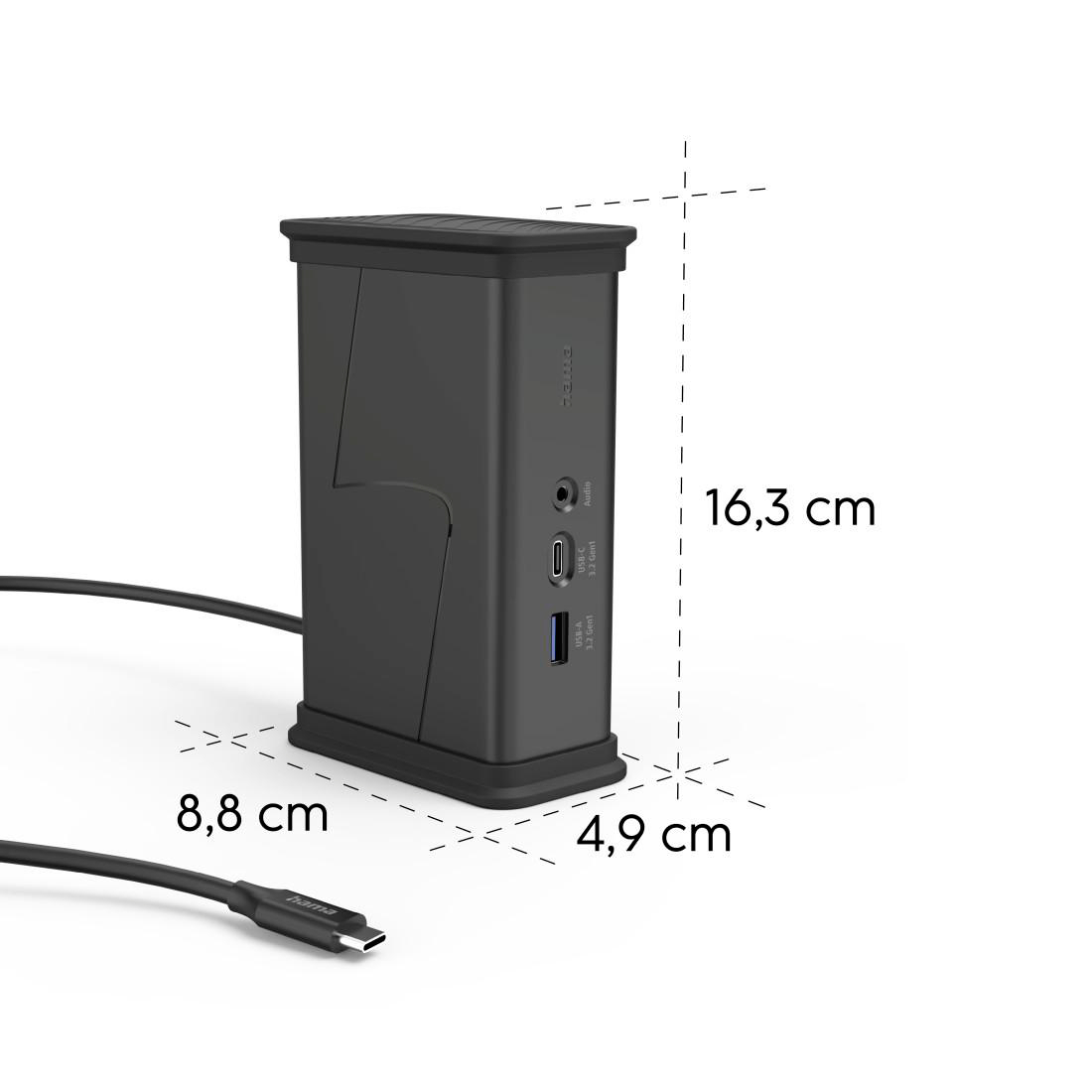 Schwarzer USB-Hub mit Maßen 16,3 x 8,8 x 4,9 cm und Anschlüssen.