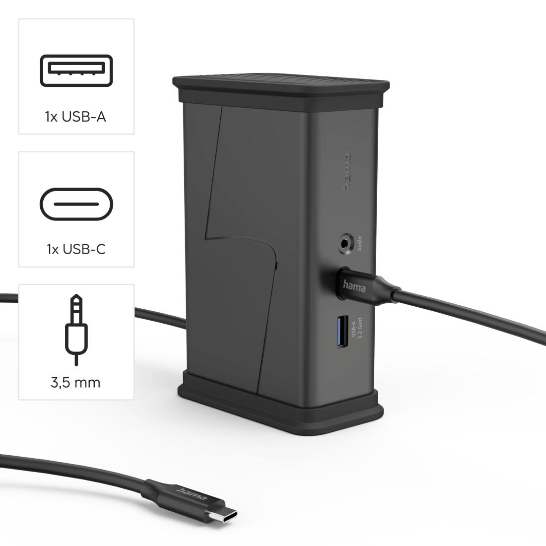 Schwarzer Hama USB-C Hub mit Audio-, USB-A- und USB-C-Anschlüssen.