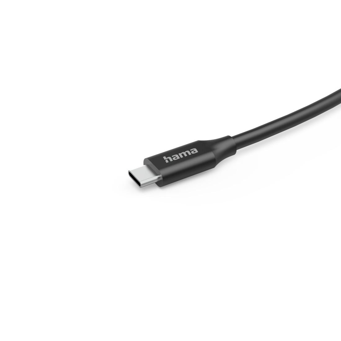Ein schwarzes USB-C-Kabel mit Hama-Logo auf weißem Hintergrund.