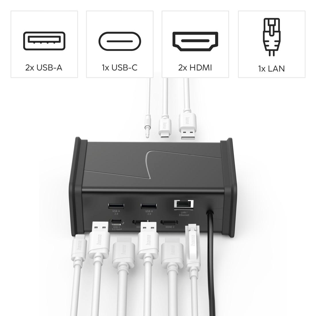 Schwarzer Docking-Hub mit 2x USB-A, 1x USB-C, 2x HDMI, 1x LAN-Anschluss.
