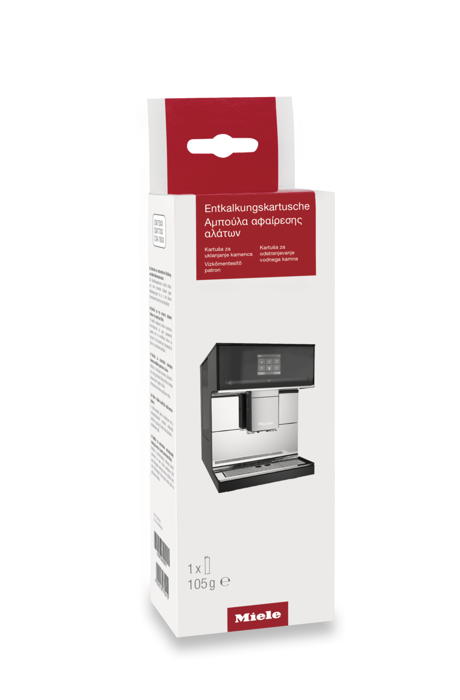Verpackung für eine Entkalkungskartusche mit Kaffeemaschinenabbildung.