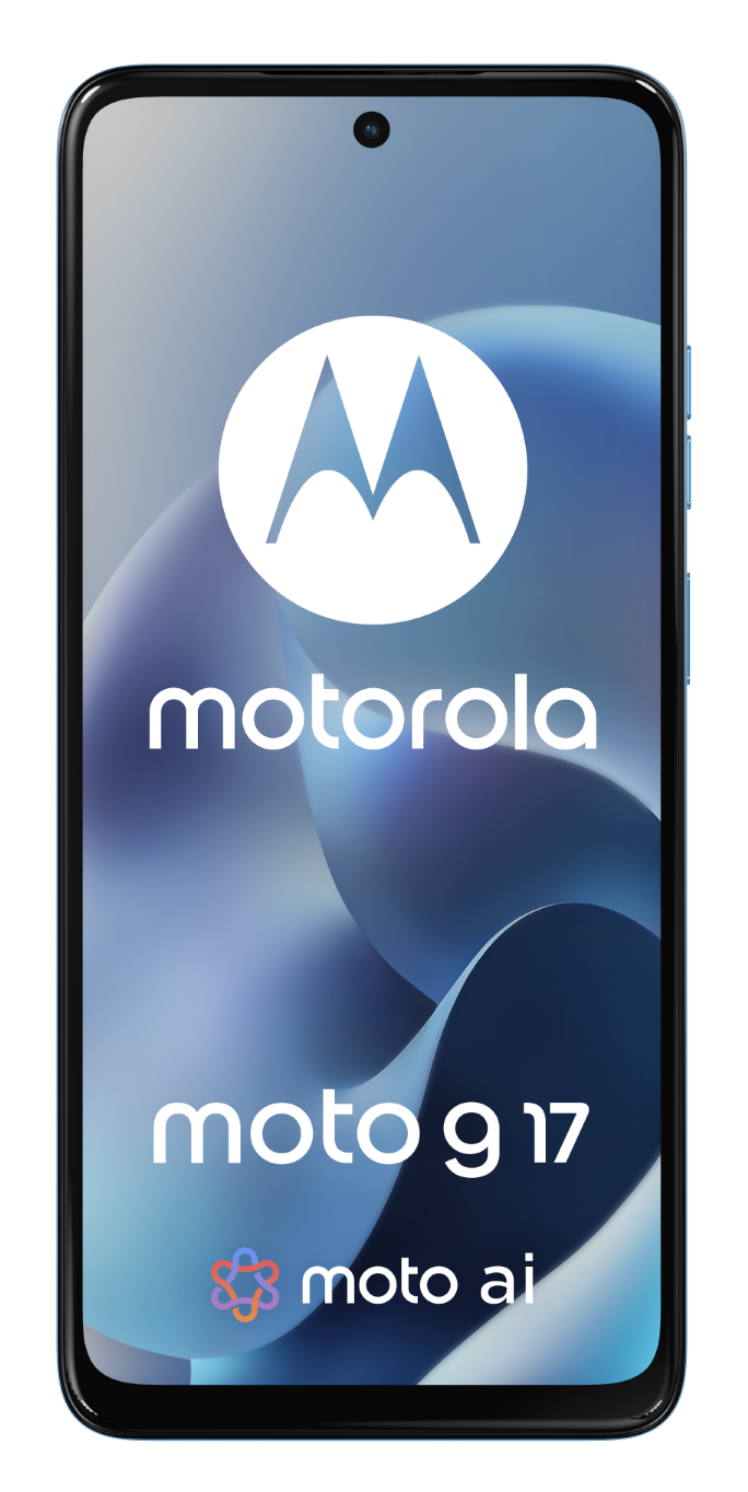 Smartfon Motorola Moto G 17 z logo Motorola i logo Moto AI.