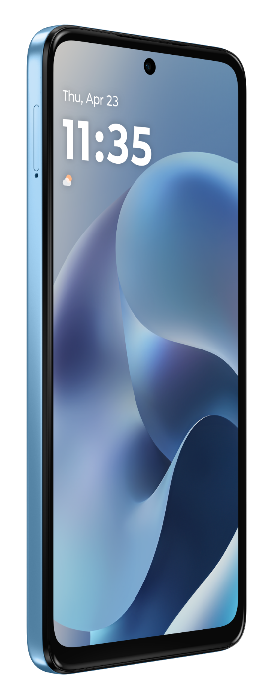 Jasnoniebieski smartfon wyświetla 11:35 i falującą niebieską tapetę.