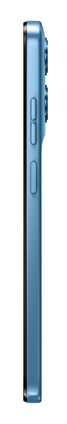 Boczny widok niebieskiego smartfona z przyciskami i obiektywami.