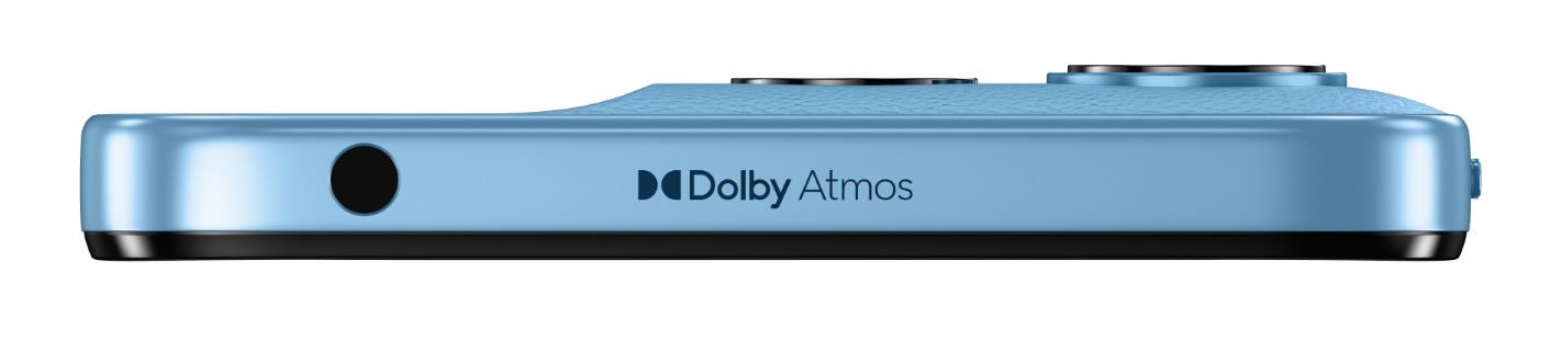 Jasnoniebieskie urządzenie z logo Dolby Atmos i gniazdem słuchawkowym.