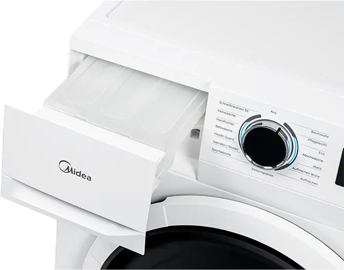 Weiße Midea-Waschmaschine mit geöffneter Schublade und Programmwahl.