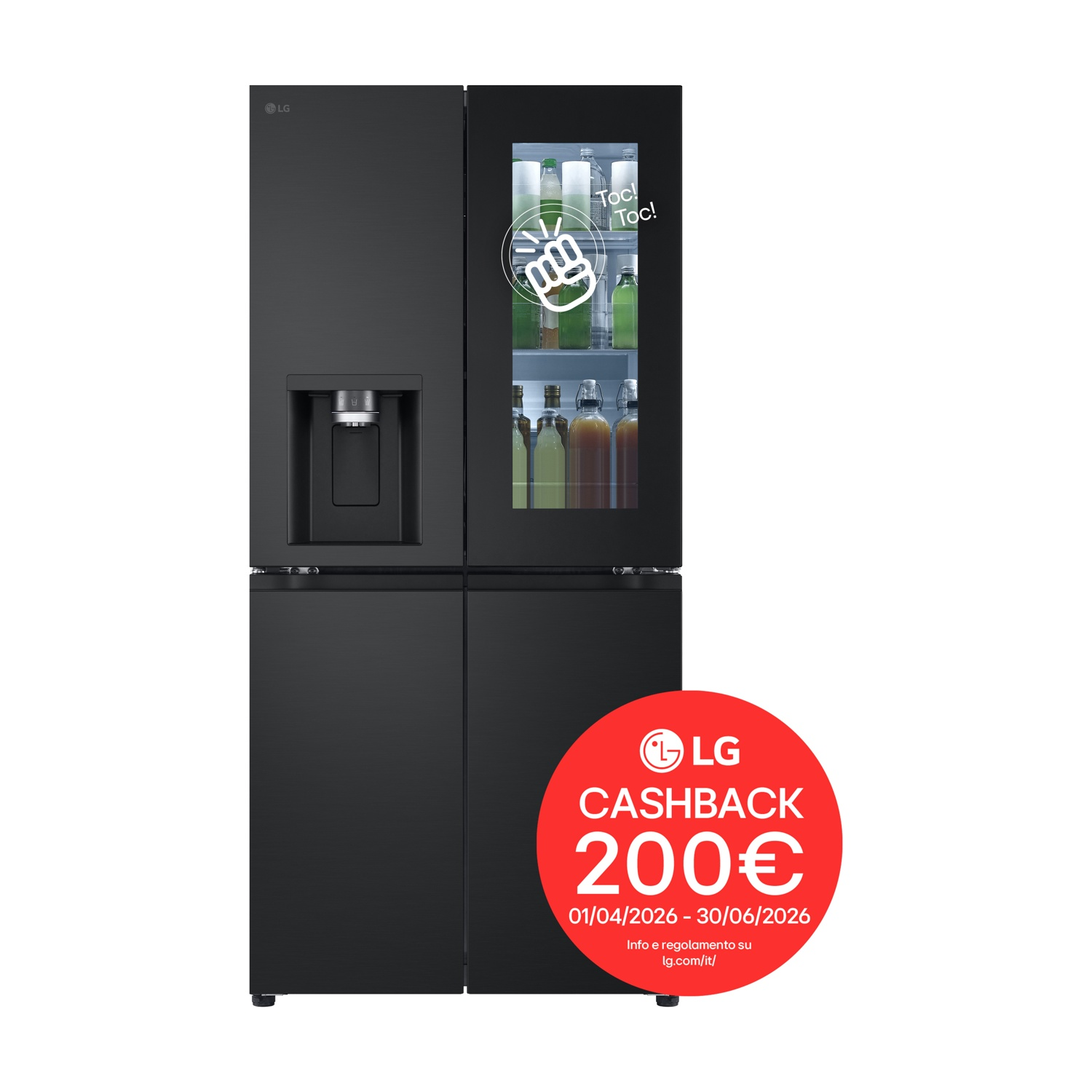 Frigorifero LG nero con porta in vetro, dispenser acqua/ghiaccio e offerta cashback.
