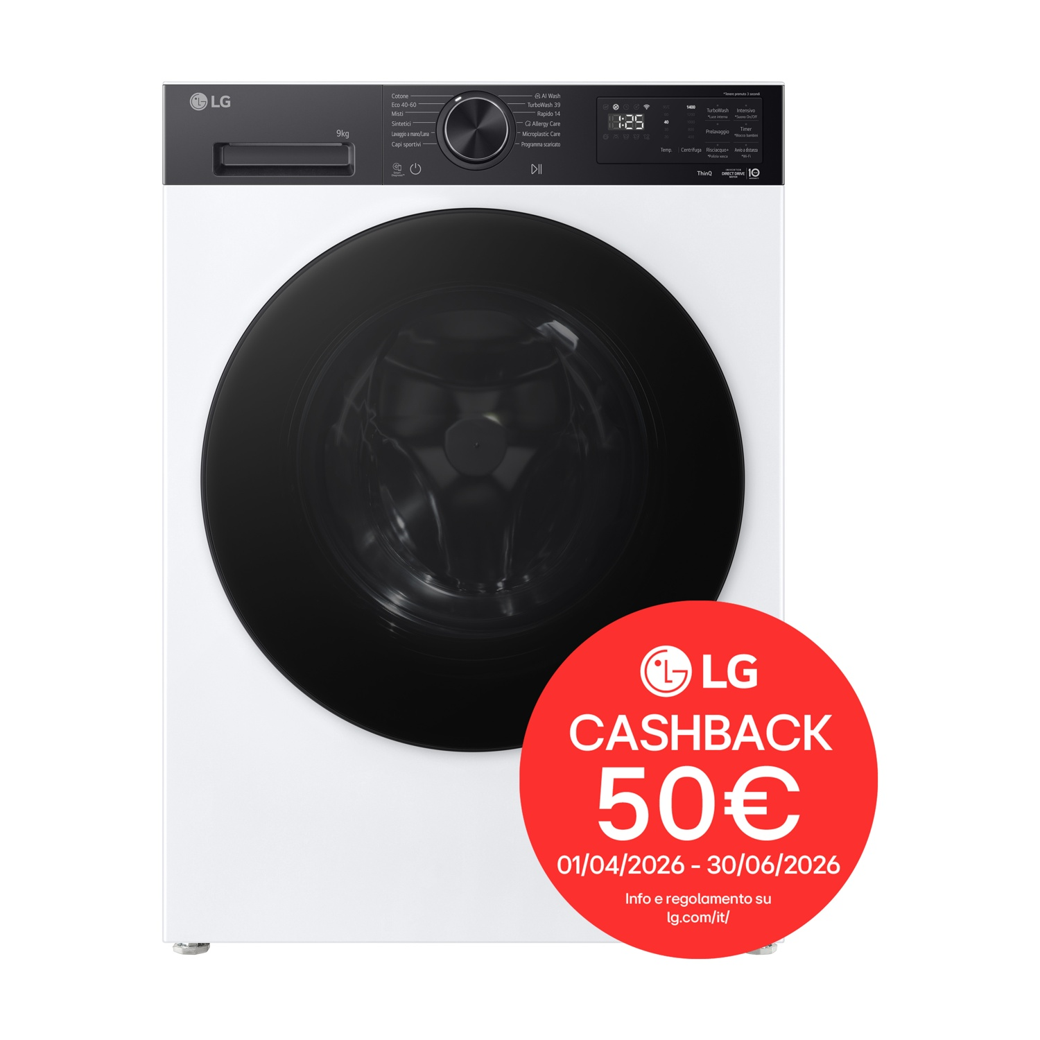 Lavatrice LG bianca con oblò e pannello neri. Cerchio rosso con 50€ di cashback.