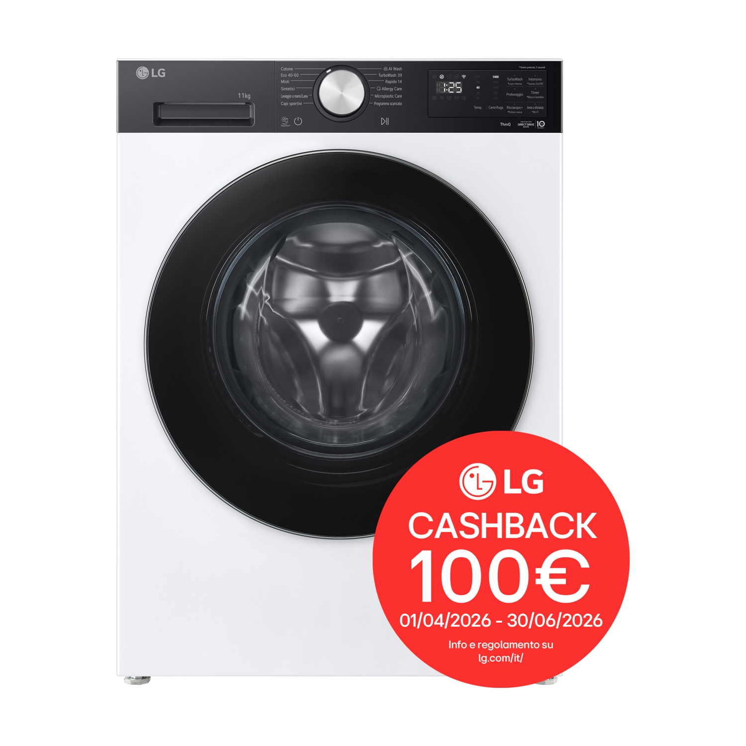 Lavatrice LG bianca con oblò e pannello neri. Cerchio rosso con 100€ di cashback.
