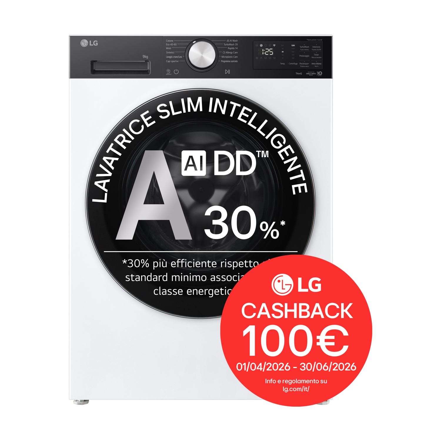 Lavatrice LG bianca con pannello nero, AI DD™ e cashback di 100€.