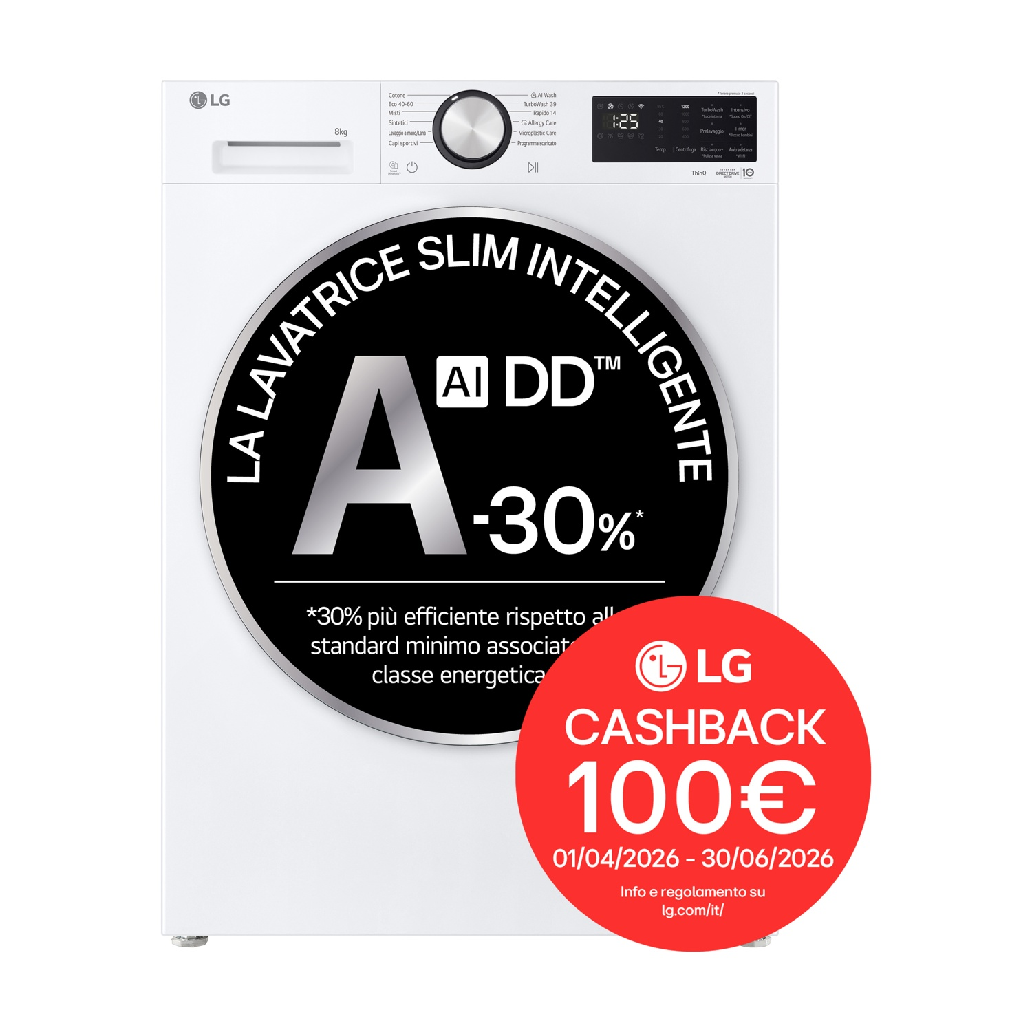 Lavatrice LG bianca con touchscreen e display grande. Stampa promo cashback da 100€.