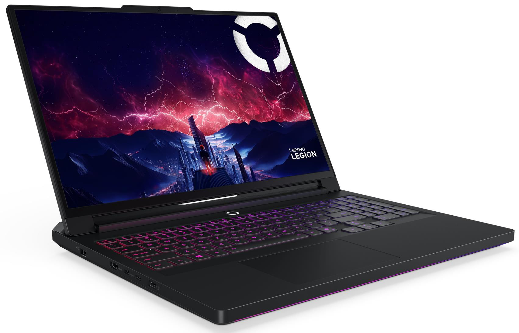 Fekete Lenovo Legion laptop világító billentyűzettel és futurisztikus háttérképpel.
