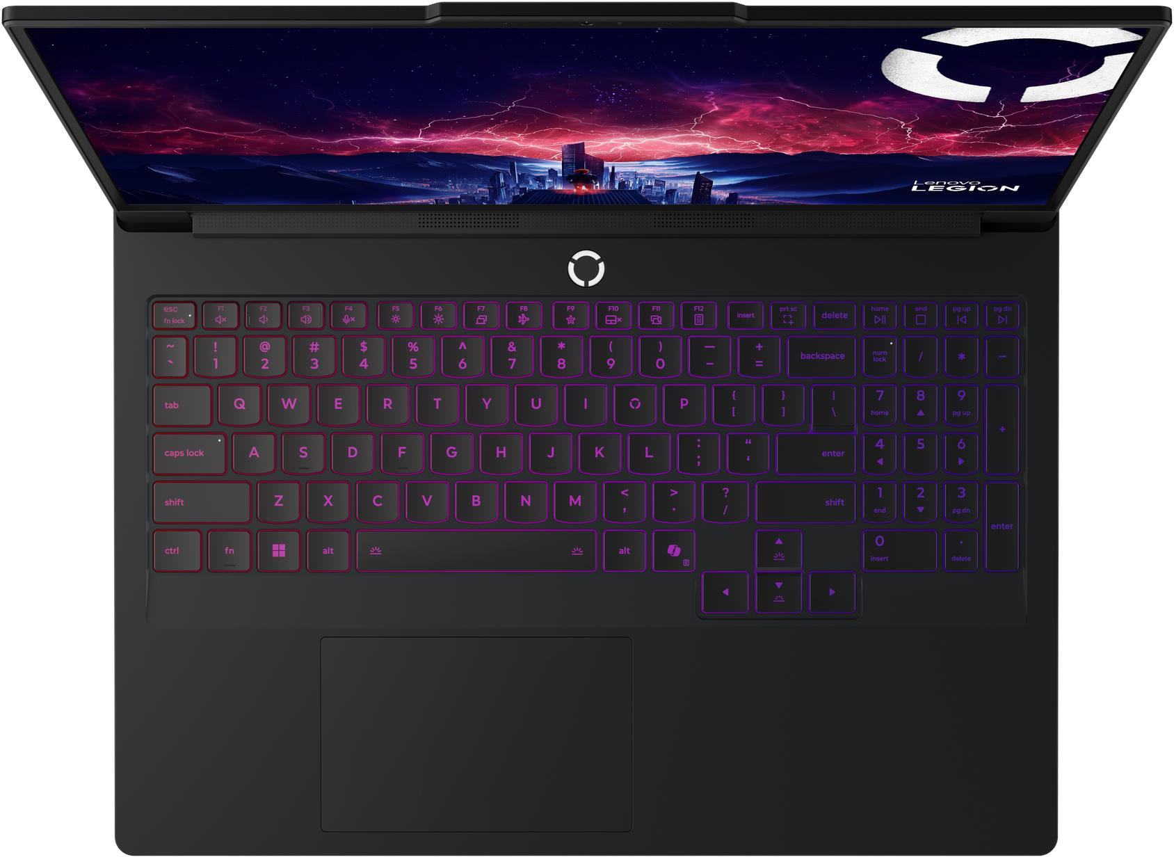 Egy nyitott laptop színes billentyűzetvilágítással és futurisztikus háttérrel.