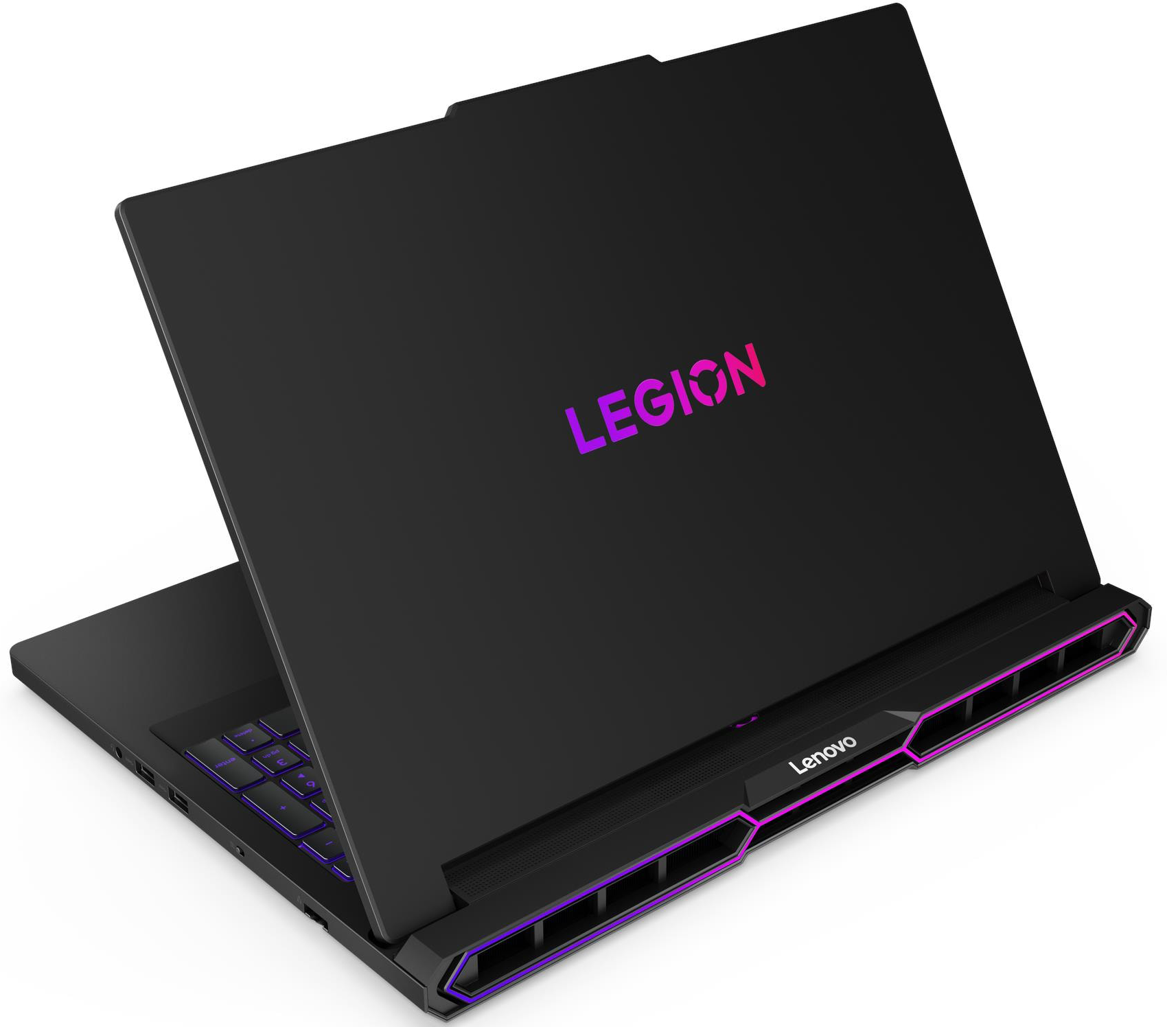 Fekete laptop világító billentyűzettel és 'Legion' logóval a fedélen.