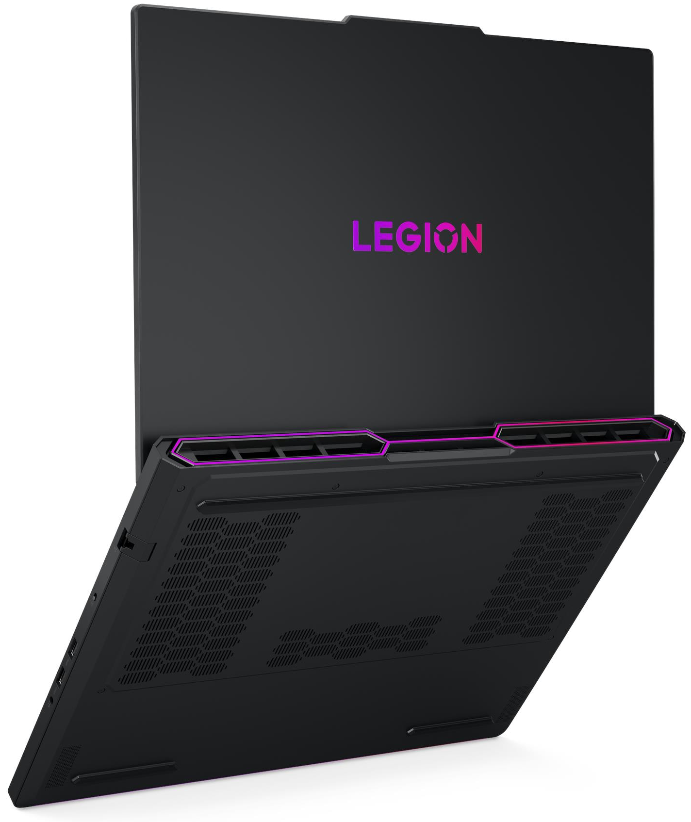 Fekete laptop rózsaszín-lila "LEGION" logóval és világító szellőzőkkel.