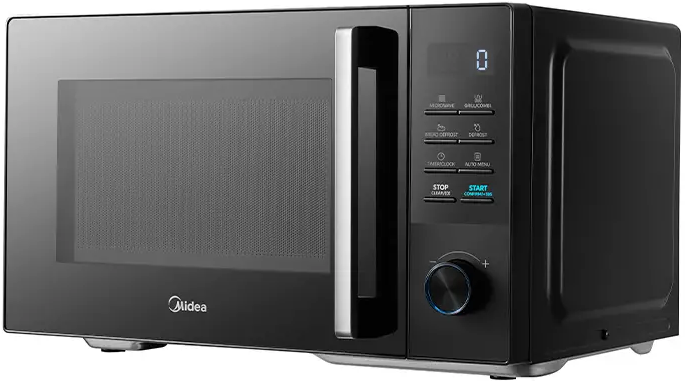 Schwarze Midea Mikrowelle mit digitalem Display, Griff und Bedienfeld.