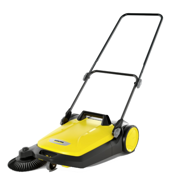 Żółta i czarna zamiatarka ręczna z uchwytem i szczotkami.