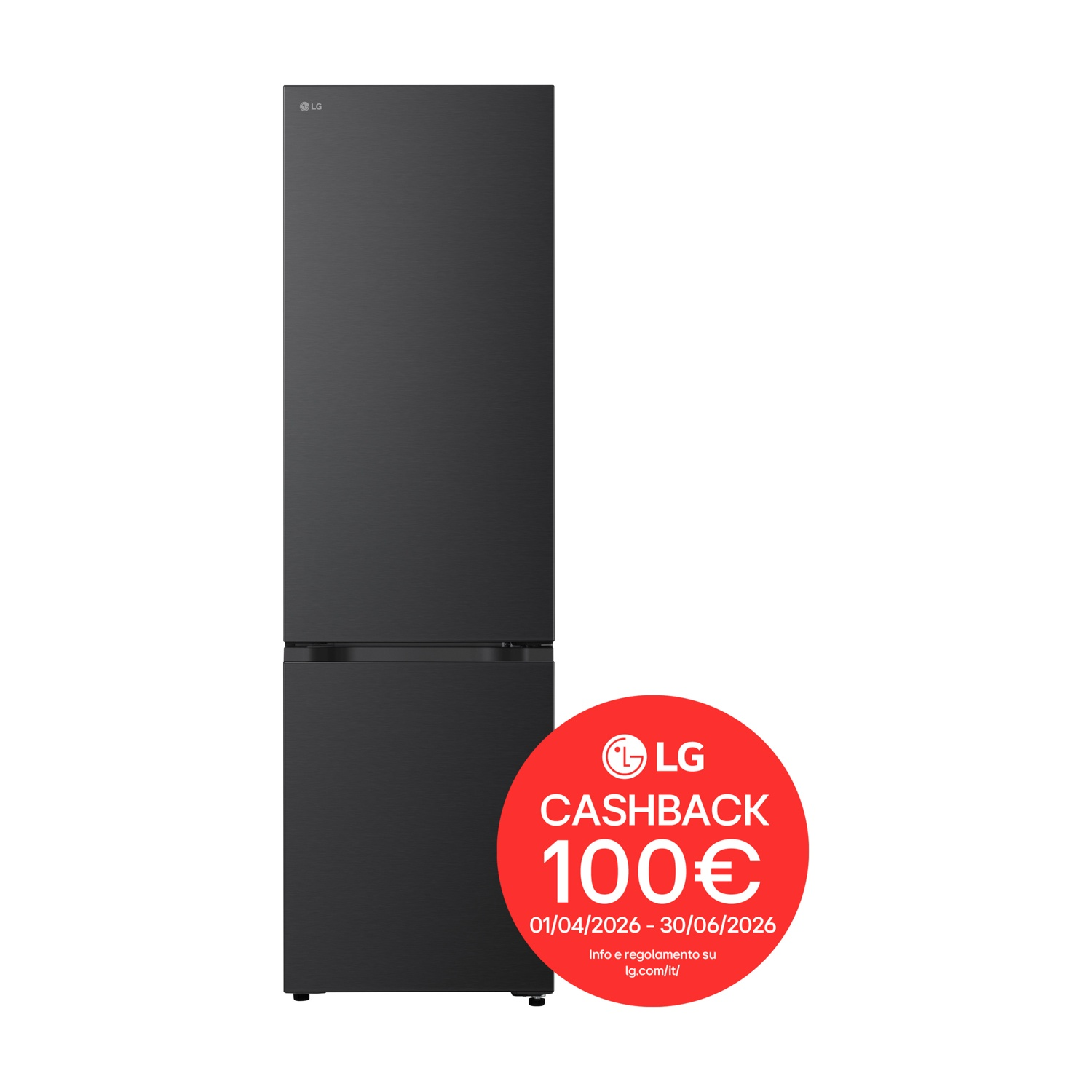 Frigorifero LG nero con cerchio rosso cashback di 100€.