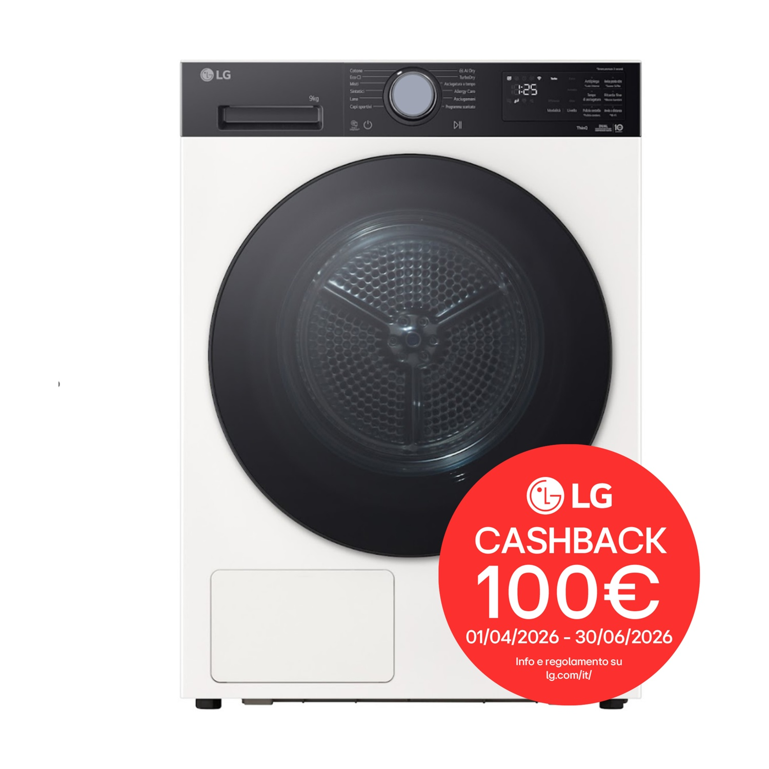 Asciugatrice LG bianca con oblò nero e cerchio rosso per 100€ di cashback.