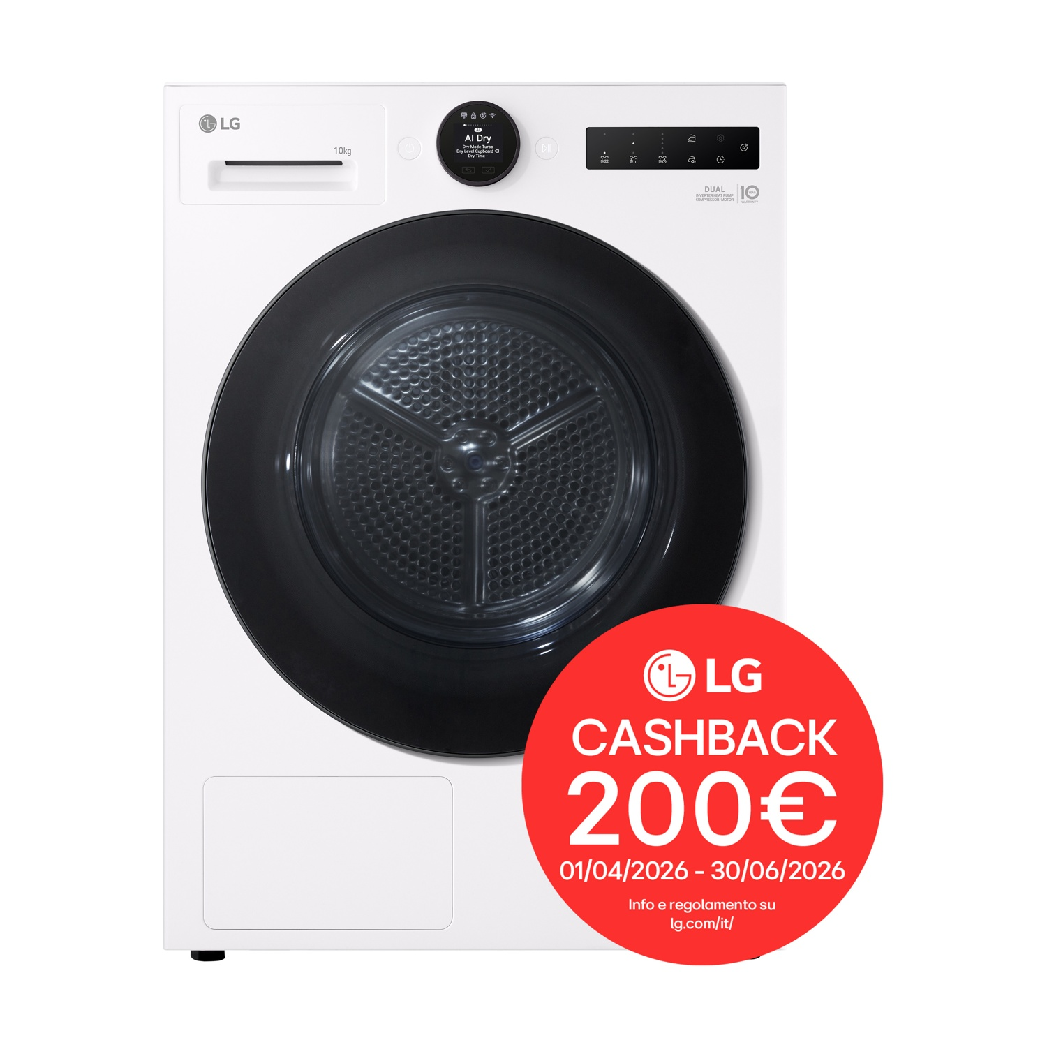 Lavatrice LG bianca con oblò nero e adesivo cashback rosso da 200€.