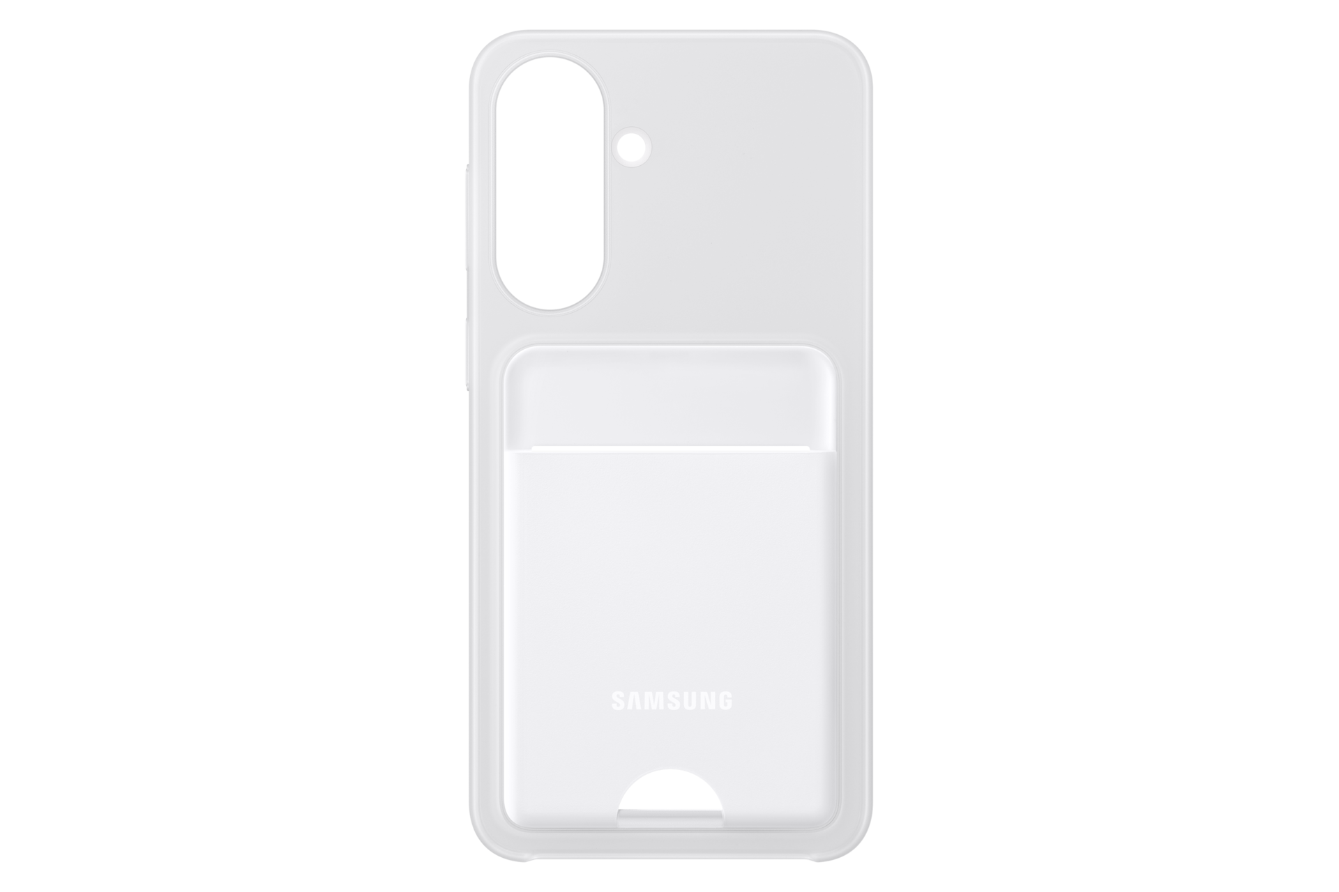 Białe etui na telefon z miejscem na karty i logo Samsung.