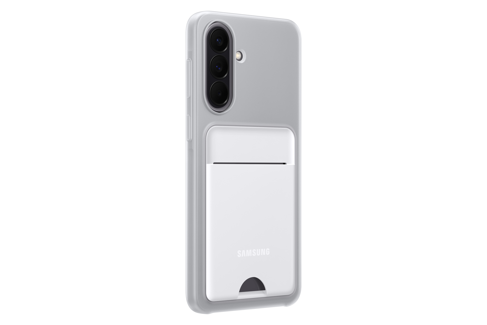 Przezroczyste etui na telefon z białym gniazdem na karty i logo Samsung.