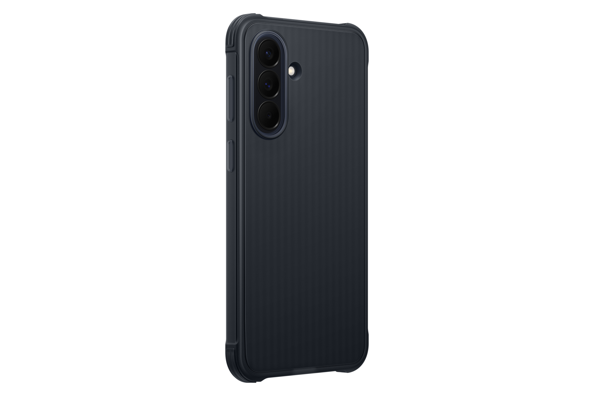 Dunkelgraues Smartphone-Gehäuse mit drei rückseitigen Kameras und Tasten an der Seite.