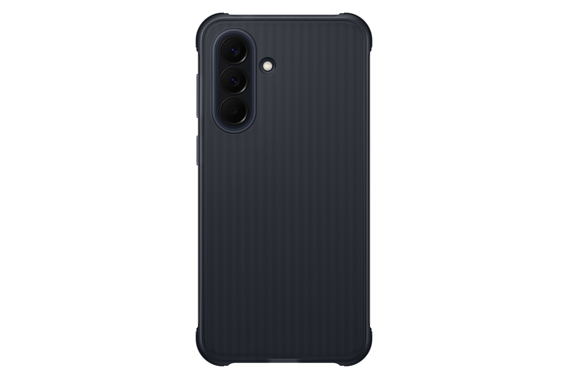 Dunkelgraues Handy mit gerippter Rückseite und drei Kameras.