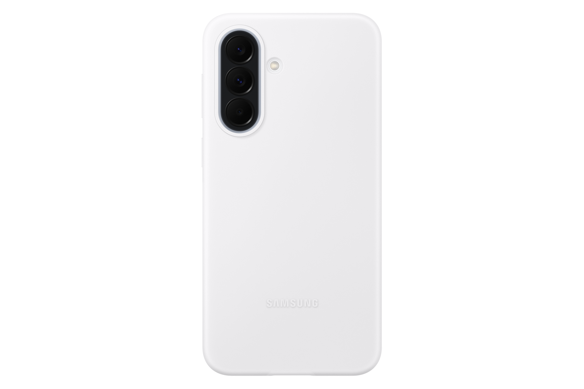 Białe etui na telefon z trzema aparatami i lampą błyskową. Logo Samsung na dole.