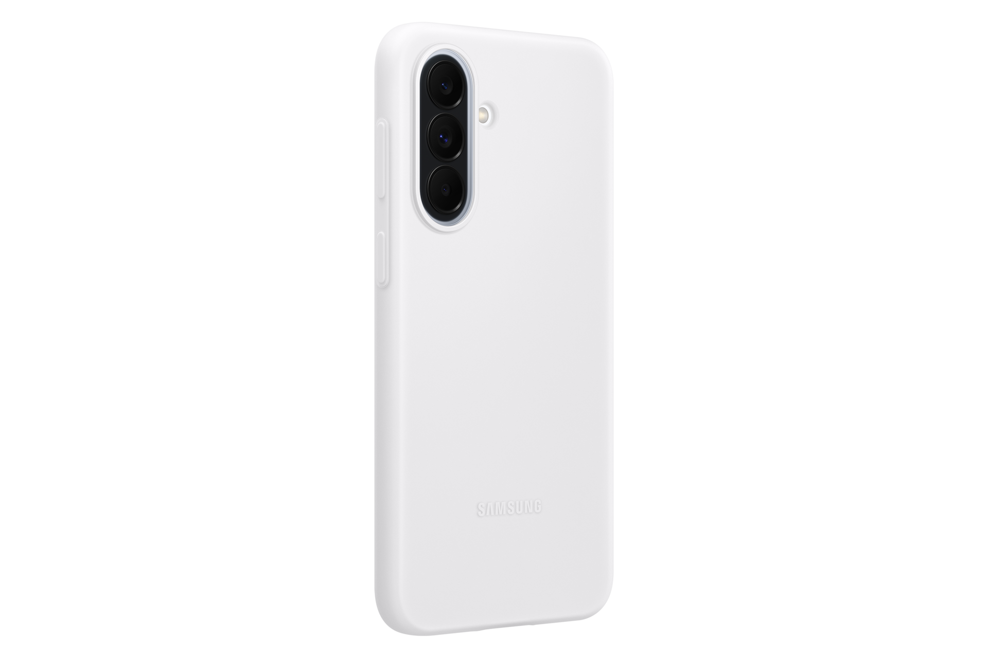 Białe etui na telefon z trzema aparatami i logo Samsung.
