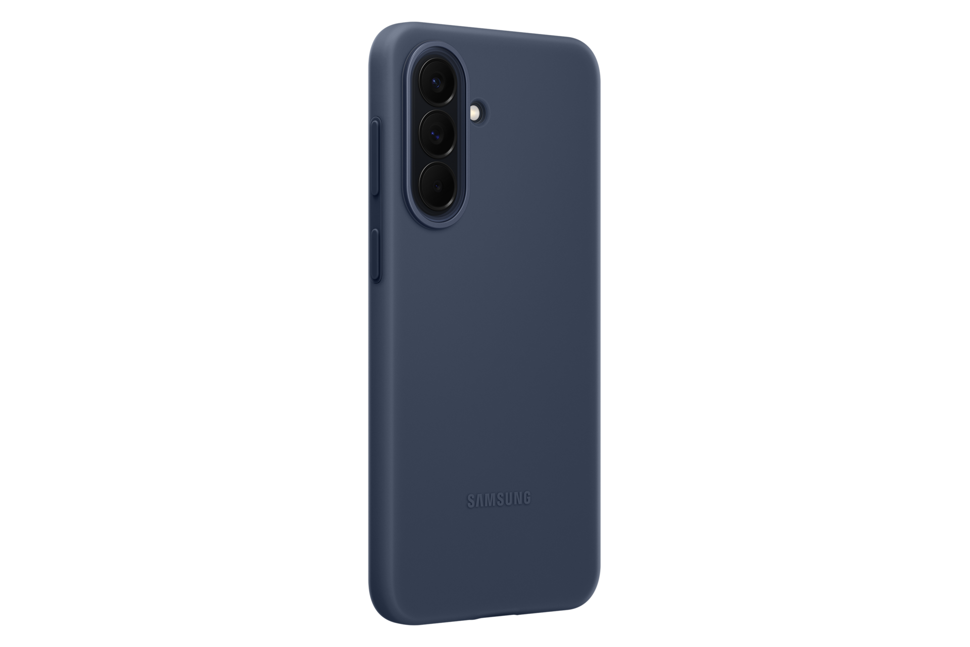 Granatowe etui na telefon z trzema aparatami i logo Samsung.