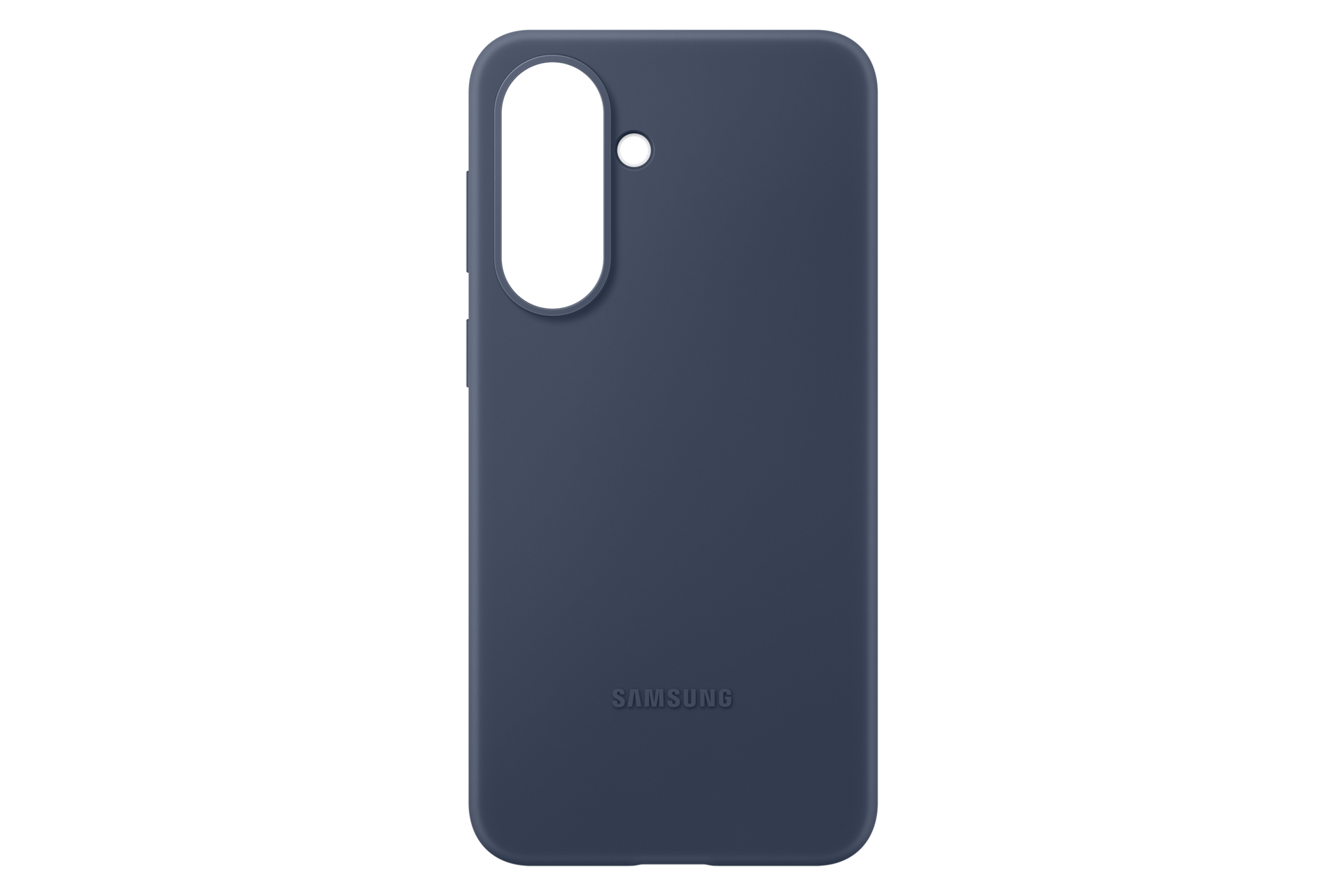 Granatowe etui na telefon z wycięciem na aparat i logo Samsung.