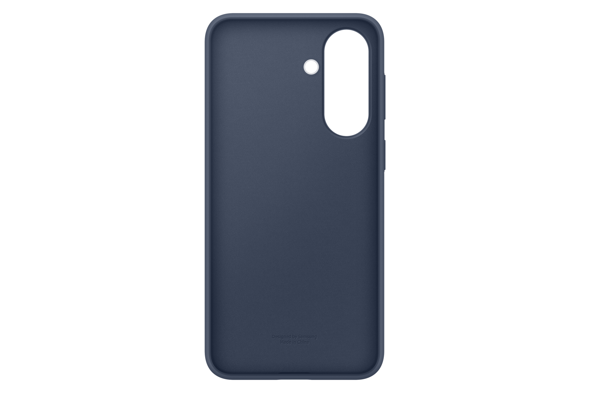 Granatowe etui na telefon z wycięciem na aparat i małym kółkiem.