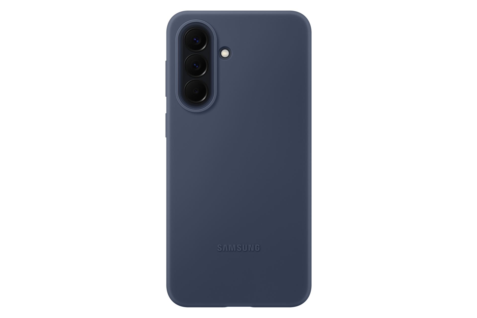 Granatowe etui na telefon z trzema aparatami i logo Samsung.
