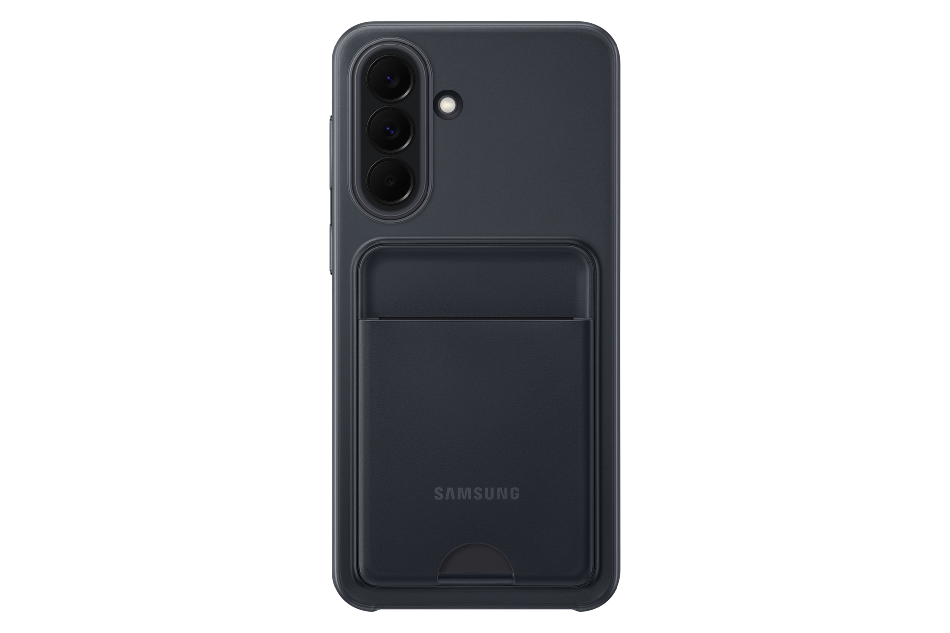Ciemnoszare etui na telefon z trzema aparatami i miejscem na karty. Logo Samsung.