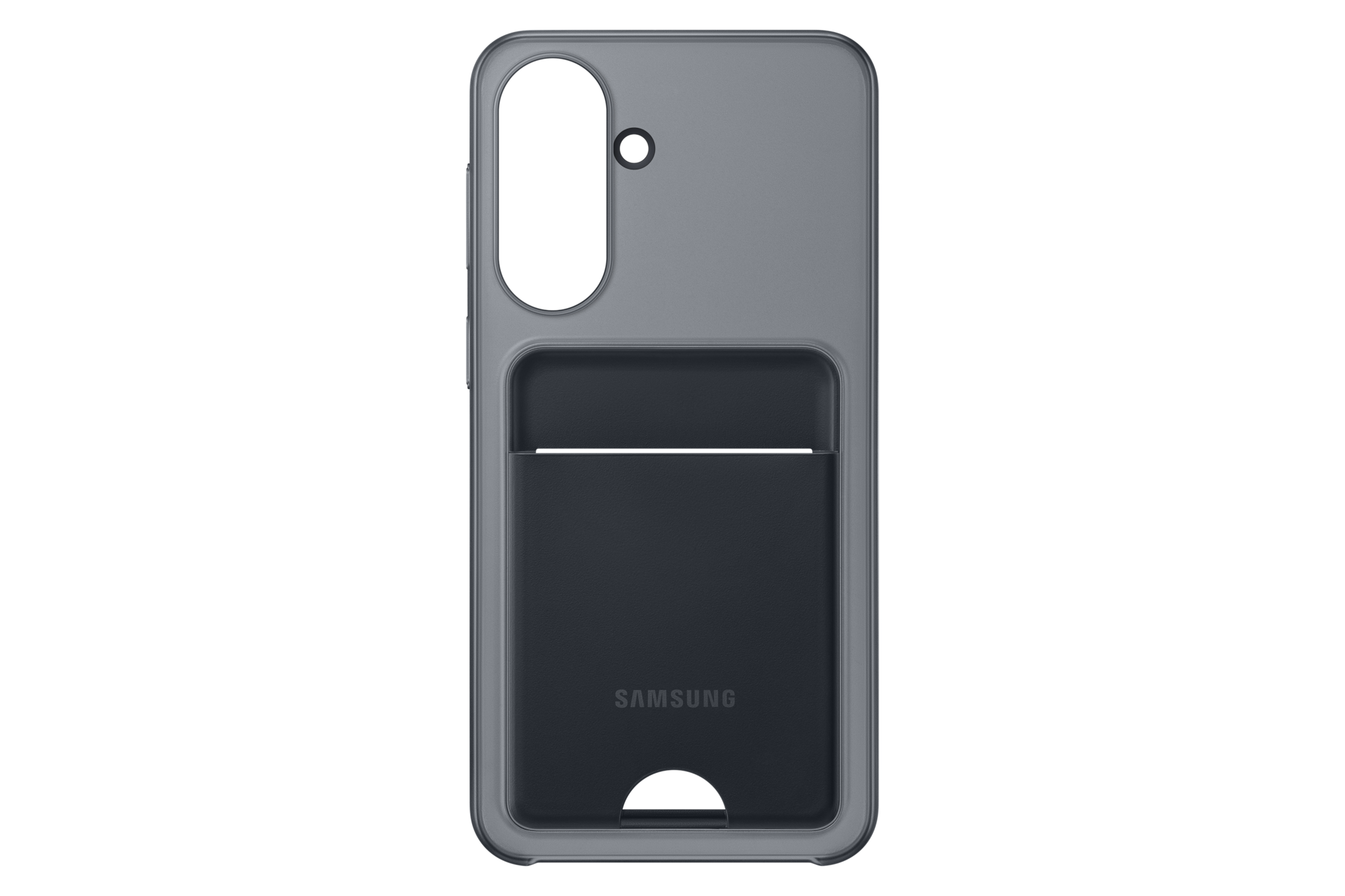 Szara obudowa na telefon z ciemnym miejscem na karty i logo Samsung.