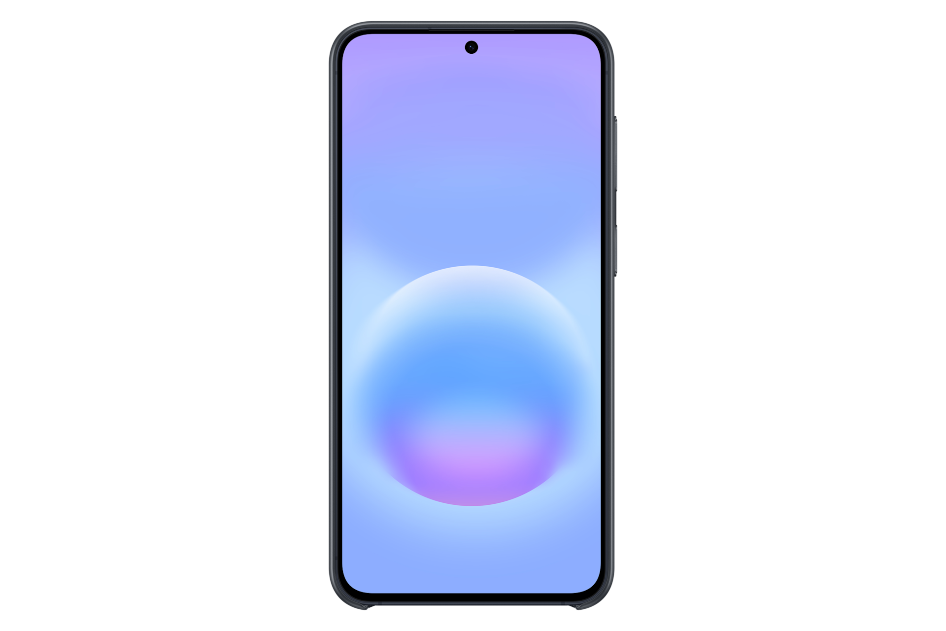 Smartfon z fioletowo-niebieskim gradientem i okręgiem.