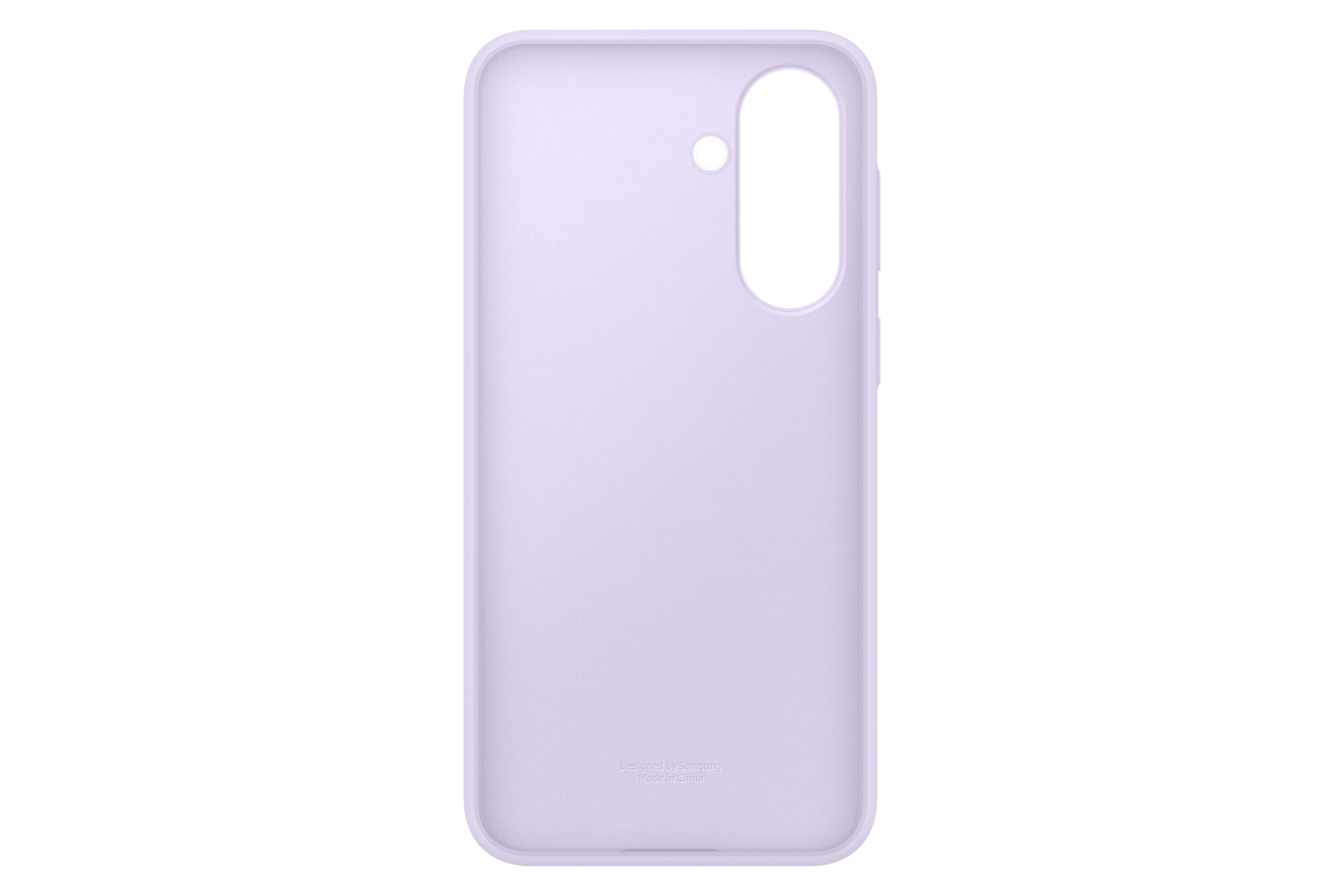 Lawendowe etui na telefon z wycięciem na aparat i logo.