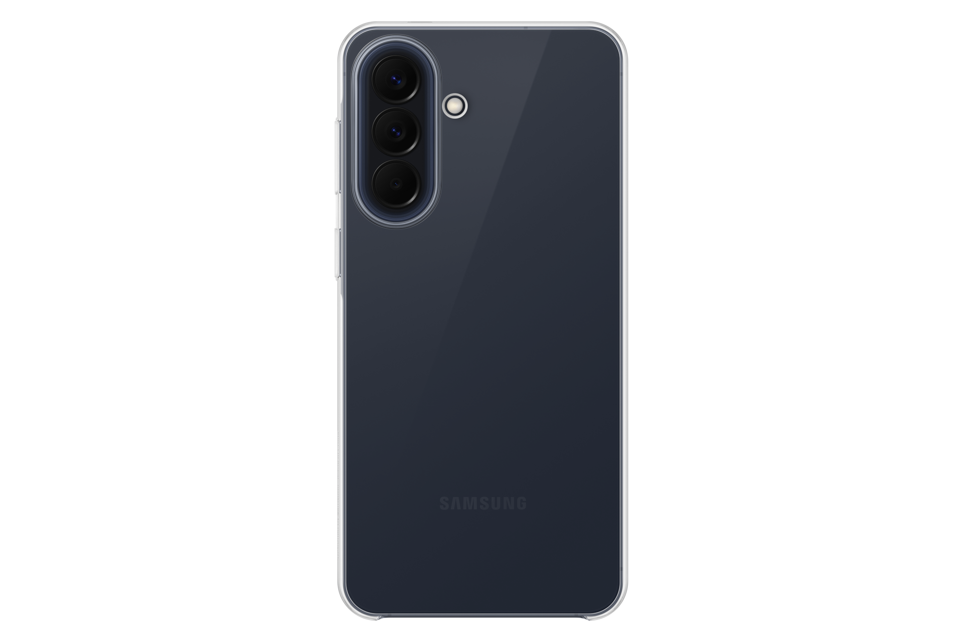 Tył ciemnego smartfona Samsung z potrójnym aparatem i przezroczystym etui.