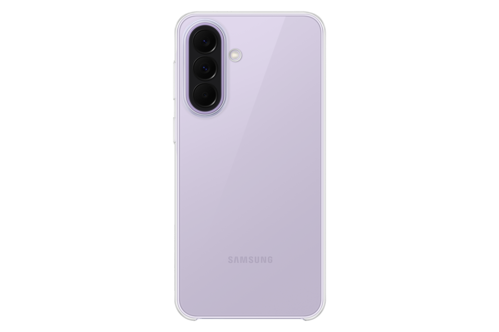 Tył jasnofioletowego smartfona Samsung z trzema aparatami.