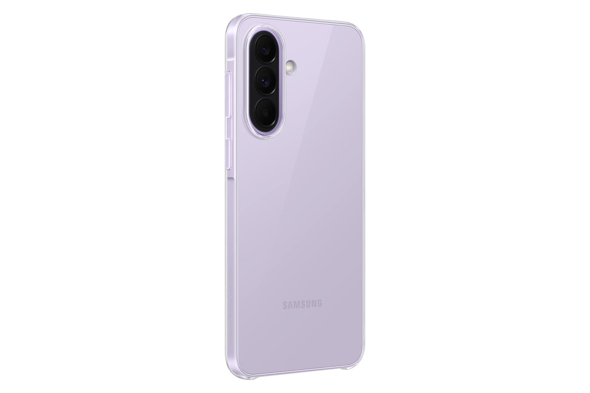 Fioletowy smartfon Samsung z trzema tylnymi aparatami, na czarnym tle.