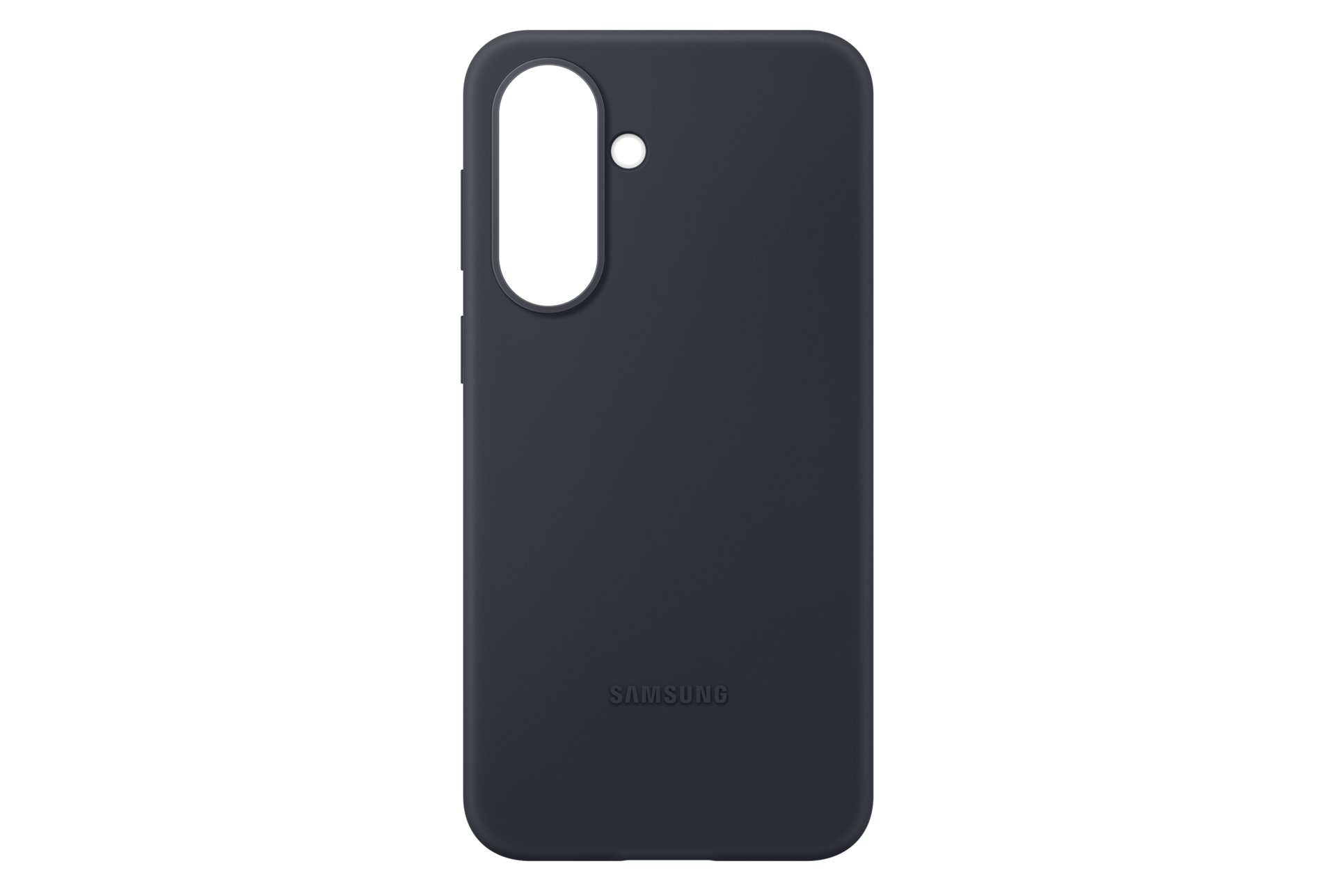 Ciemnoszare etui na telefon z wycięciem na aparat i logo Samsung.