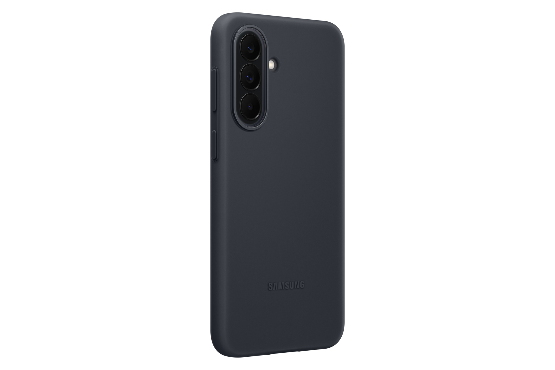Ciemnoszare etui na telefon Samsung z potrójnym aparatem i logo.
