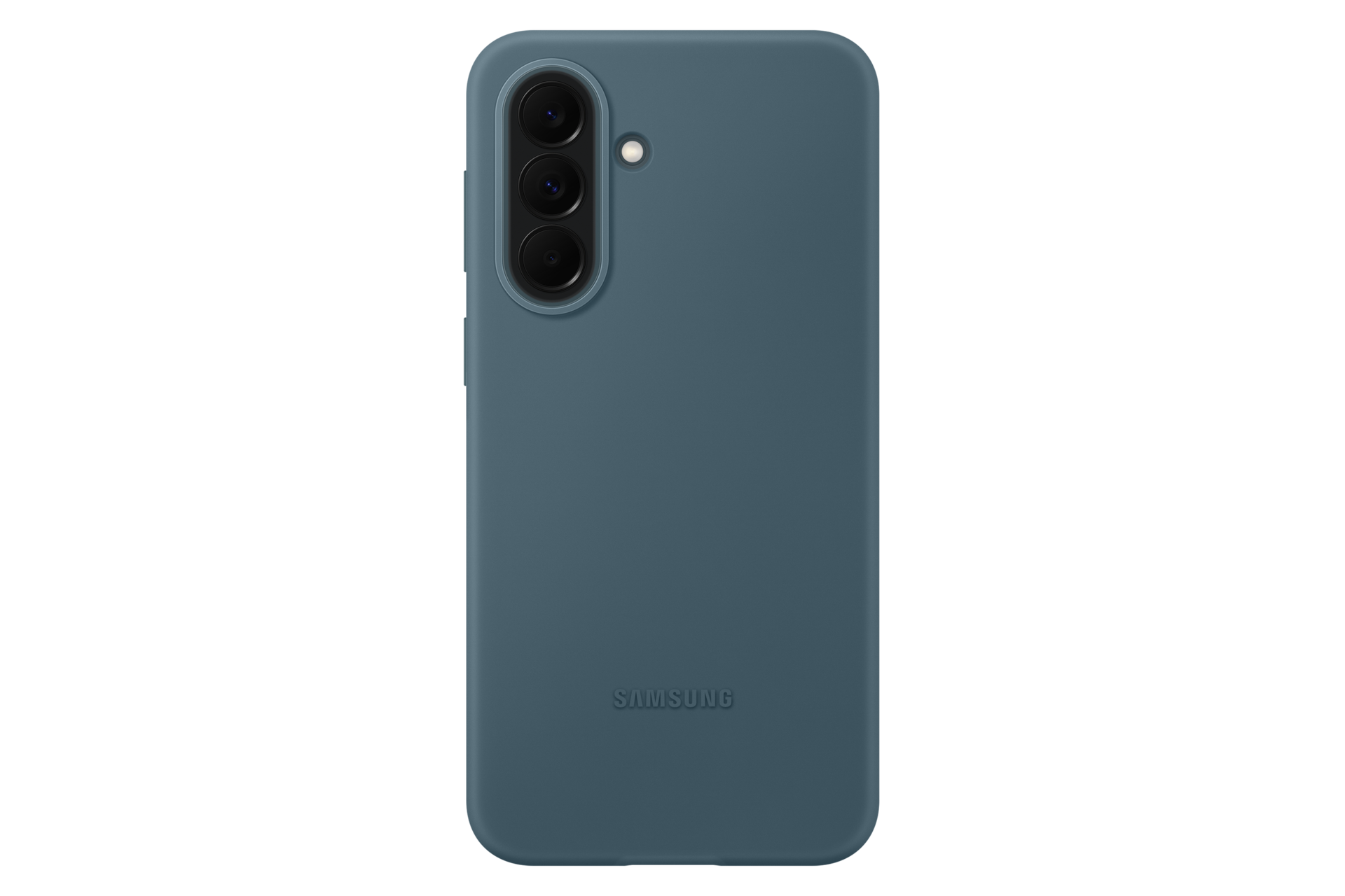 Niebieskie etui na telefon Samsung z wycięciem na potrójny aparat i wytłoczonym logo Samsung.