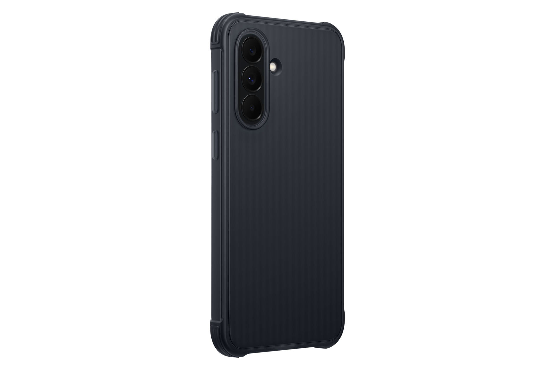 Dunkelgraues Smartphone mit drei Kameras und einem Blitz auf der Rückseite.