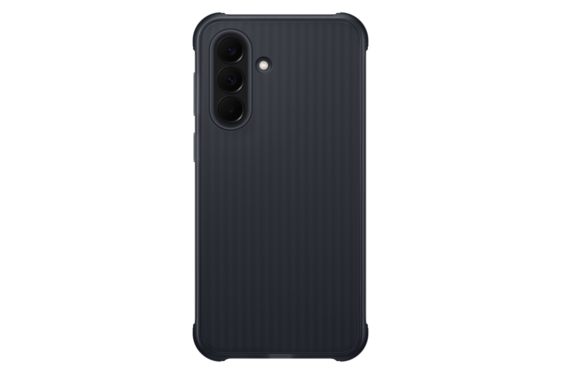 Dunkelgraues Smartphone mit drei Kameras und Blitz auf der Rückseite.