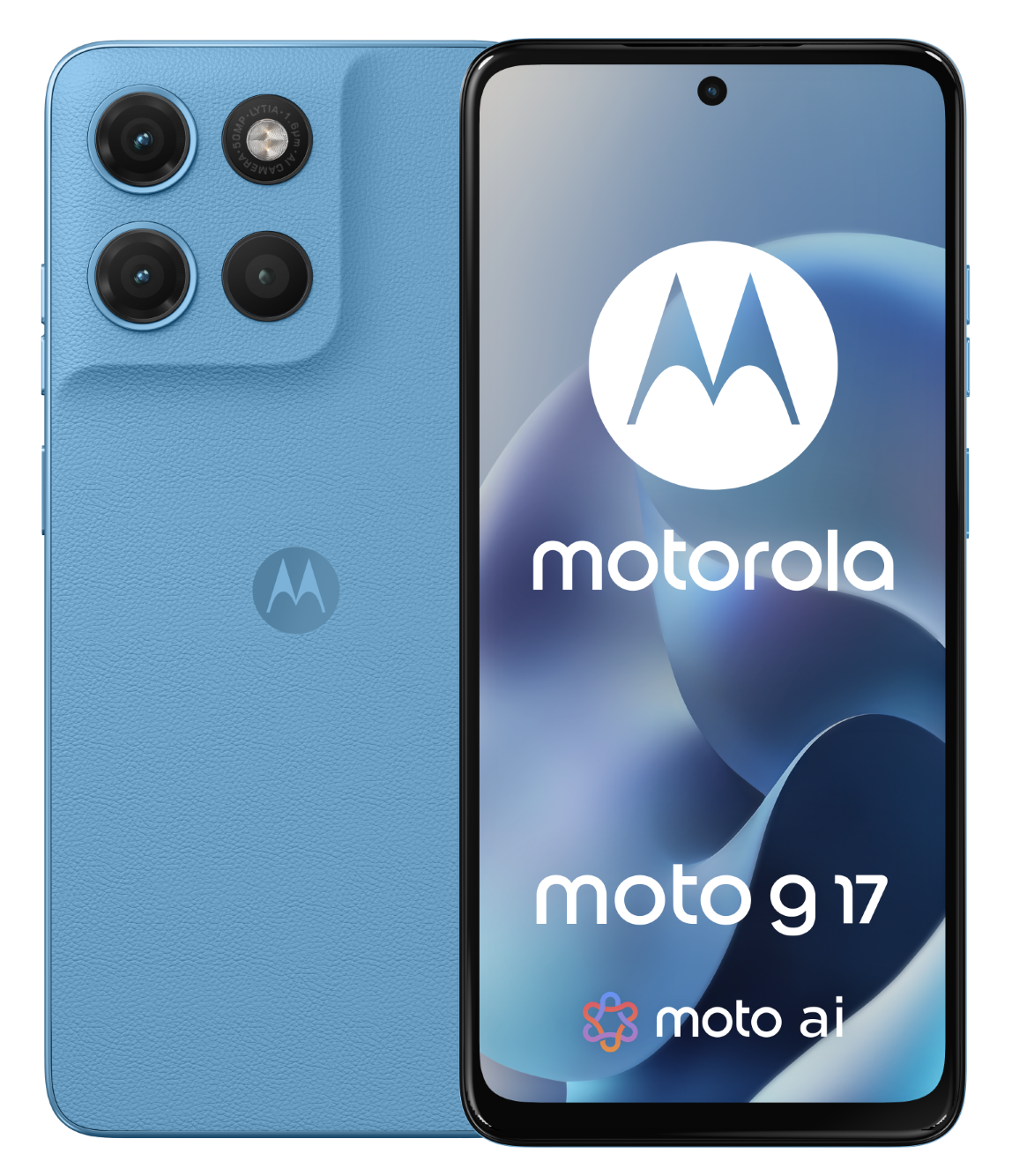 Niebieski telefon Motorola Moto G17 z potrójnym aparatem z tyłu i logo Motorola.