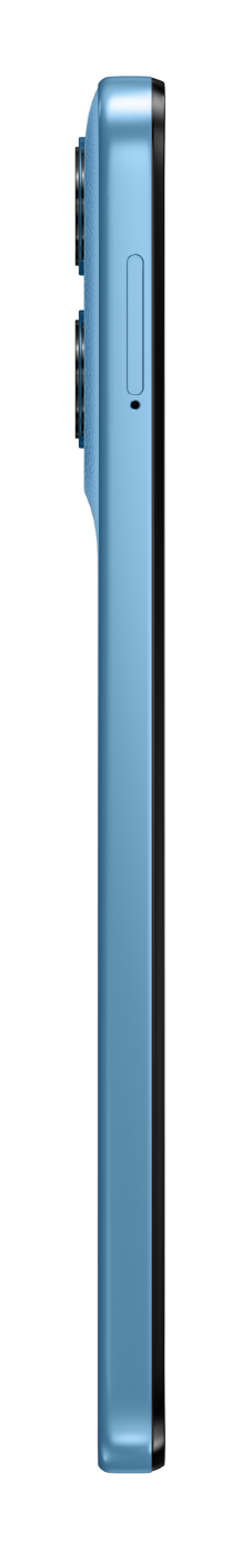 Bok jasnoniebieskiego smartfona z modułem kamery i tacką SIM.
