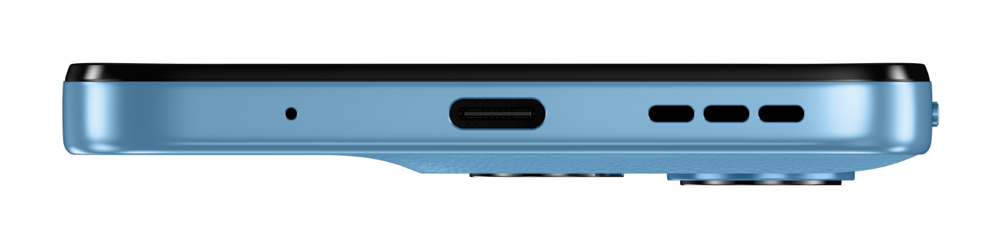 Niebieski smartfon z portem USB-C, otworem mikrofonu i maskownicami głośników.