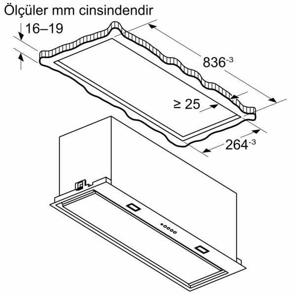 Ölçülü bir davlumbazın teknik çizimi.